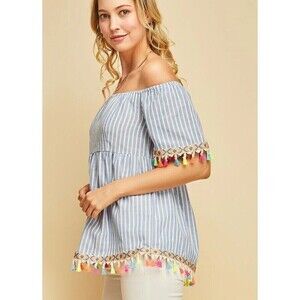 Entro Blouse Top M Blue-White Haidee Pinstripe Tassel‎ Detail Off The Shoulder